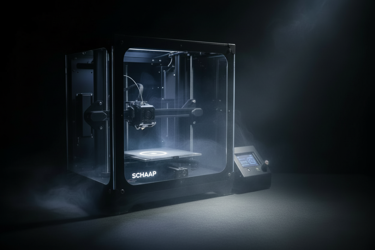 3d printer in laagstaande rook met zwarte achtergrond